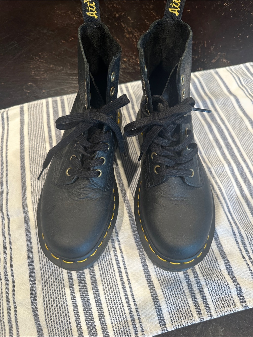 Dr. Martens Black Leather 8-Eye Boots with Yellow Stitching - Picture 2 of 11